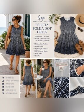 Gap Designed & Crafted XL Felicia Polka Dot Pocket Midi Dress Rayon Navy